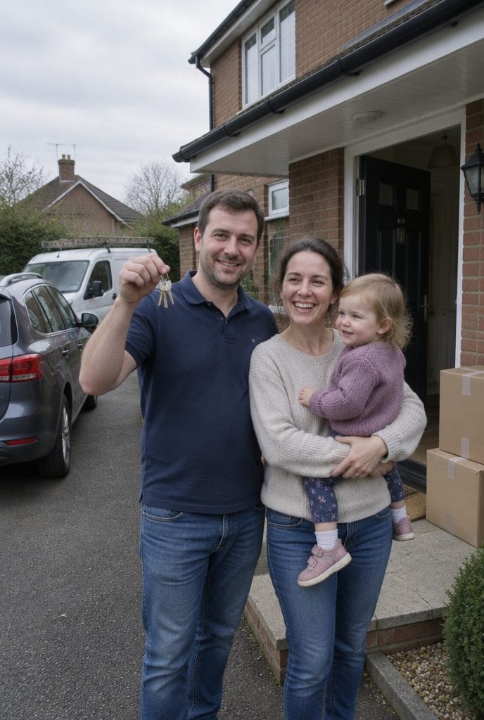 A couple and their toddler holding keys outside their new home.
