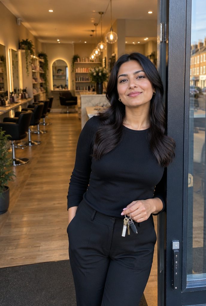 Accountants for salons and beauty businesses: Salon owner outside her larger salon on a Hertfordshire high street