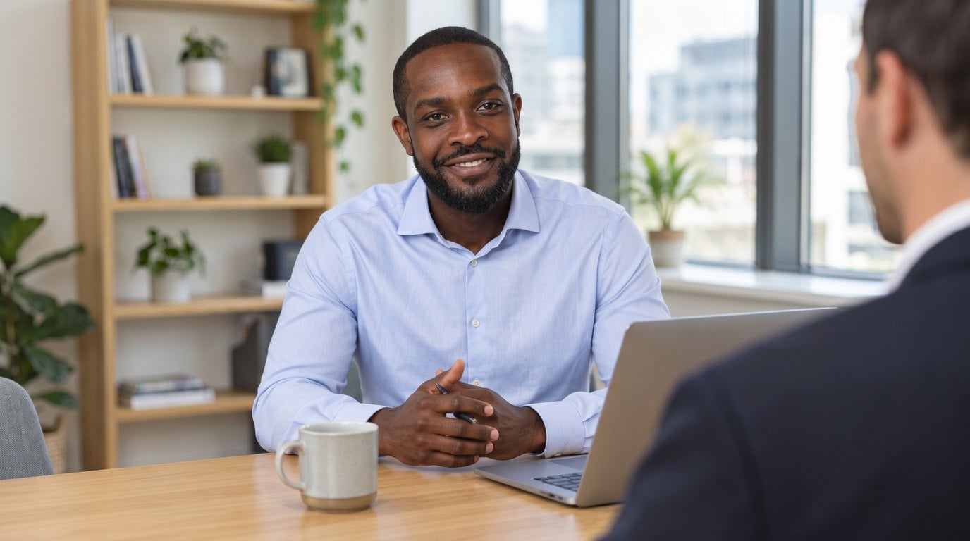 Crosby Enninful speaking with a business owner across an office table.